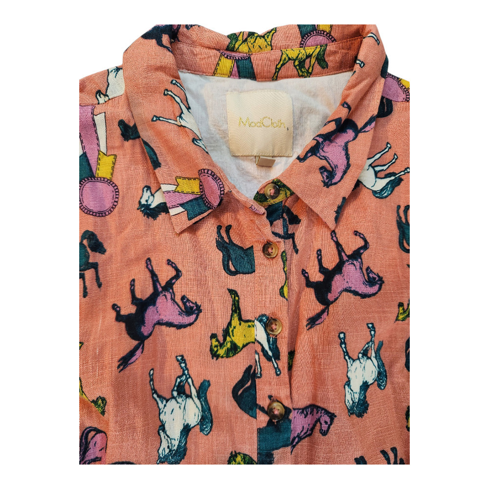 Modcloth sz 1X Horse ribbon shirt dress Linen blend lined pockets button up - Picture 5 of 16